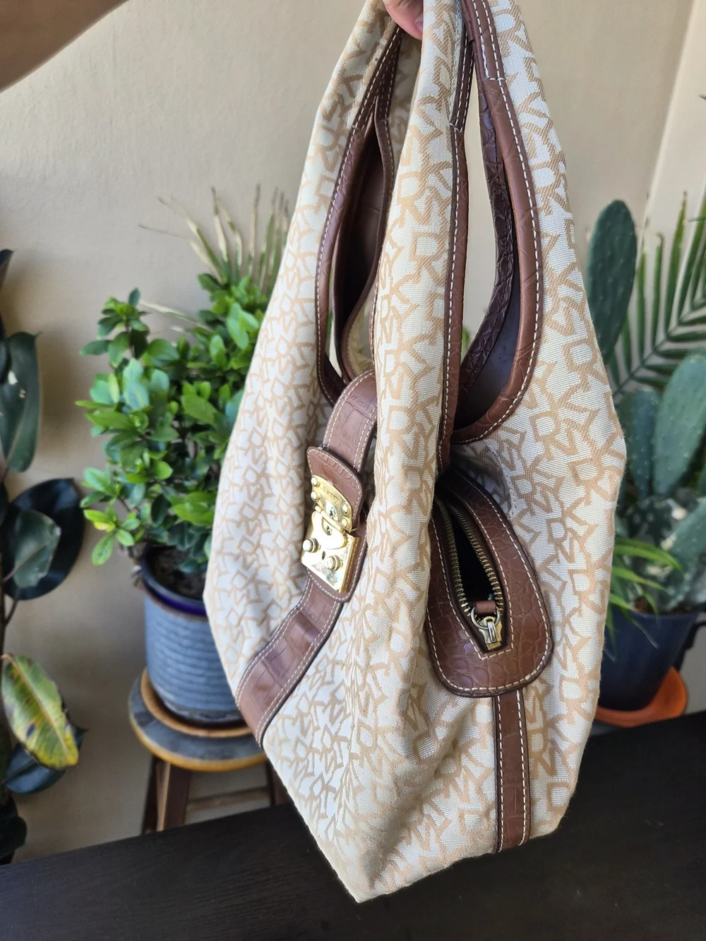 Vintage DKNY Logo Canvas Leather Trim Hobo Bag Gold Lock Beige Brown